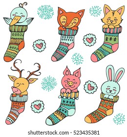 Merry Christmas and New Year decoration collection with cute socks and animals. Set of decoration elements for holidays. Hand drawn vector illustration for poster, print on clothes.