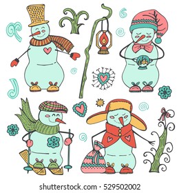 Merry Christmas and New Year decoration collection with cute snowman. Hand drawn vector illustration for poster, print on clothes.