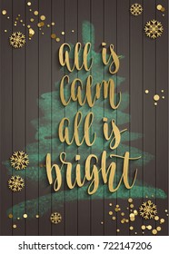 Merry Christmas and new year decoration with lettering. Winter holidays handwritten calligraphy quote. Vector decorative elements for design greeting card, Invitation on wooden background.