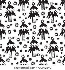 Merry Christmas and New year decoration background. Winter seamless pattern with fir and snowflakes. Hand drawn vector illustration with cartoon black and white decorative elements.