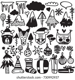 Merry Christmas and New year decoration collection. Hand drawn vector illustration with cartoon black and white decorative elements, animals, winter clip-art.