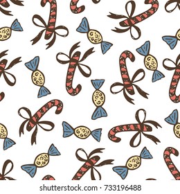 Merry Christmas and New year decoration background. Winter seamless pattern with sweets. Hand drawn vector illustration with cartoon colorful decorative elements.