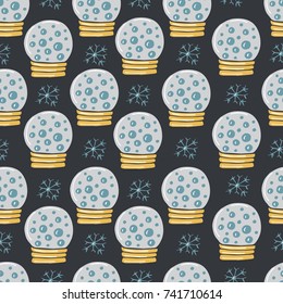 Merry Christmas and New Year decoration background. Winter seamless pattern with cartoon glass ball and snowflakes . Hand drawn vector illustration with holiday elements.