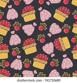Merry Christmas and New Year decoration background. Winter seamless pattern with cartoon gifts and christmas balls. Hand drawn vector illustration with holiday elements.