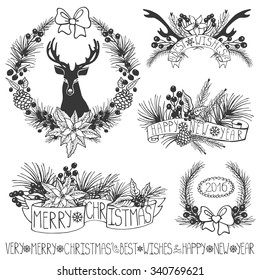 Merry Christmas and new year decroation set.Reindeer,Spruce fir tree branches,poinsettia,pine cones,red berries,holly,ribbons with lettering,holiday composition,wreath.Vector Illustration