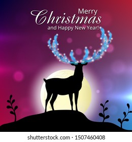Merry Christmas and New Year. Deer and antlers from pine tree leaves in front of moonlight. Purple background, lights. Vector Illustration