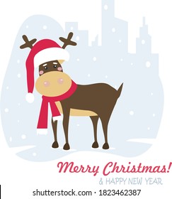 Merry Christmas and New Year.  Deer wearing a red scarf and a Santa Claus hat with snowflakes in the winter cityscape. Vector illustration