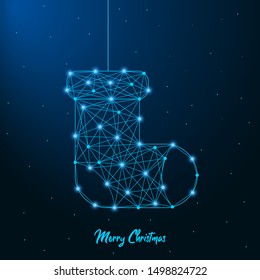 Merry Christmas and New Year design with low poly Christmas sock. Holiday card or banner made by points and lines, polygonal wireframe mesh. Vector illustration.