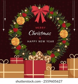 Merry Christmas and New Year design decorated with Gifts and Elements.