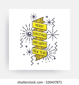 Merry Christmas New Year Design, Linear Flat Icon. Bright simple vector illustrations for greeting card, posters, print, mobile phoned designs, ads, promotional  Golden Yellow black white