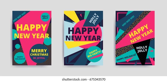 Merry christmas New Year design, eye catching banner template. Bright colorful vector illustrations for greeting card, posters, print, mobile phoned designs, ads, promotional material Yellow Pink Blue