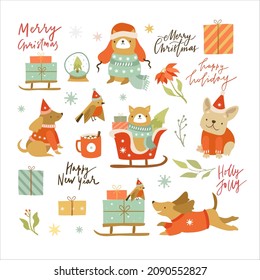 Merry christmas and new year, christmas dogs, funny animals, christmas lettering, dachshund and shiba inu dog breed