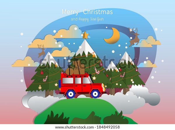 Merry Christmas and New Year with driving or\
Red car carry by box gift on the road with tree decoration, cloud\
colorful high sky in the night snowflakes on gold, the moon. flat\
vector illustration
