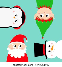Merry Christmas. New Year. Elf Santa Claus Snowman Penguin bird round face head icon set. Cute cartoon funny kawaii baby character. Greeting card. Flat design Blue background. Vector illustration