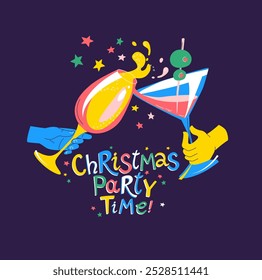 Merry Christmas New Year Eve Cheers, vector illustration of clinking glasses and a joyful toast. The vibrant and cheerful design of celebration, perfect for cards, invitations, party decorations.