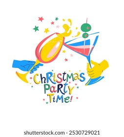 Merry Christmas New Year Eve Cheers, vector illustration of clinking glasses and a joyful toast. The vibrant and cheerful design of celebration, perfect for cards, invitations, party decorations.