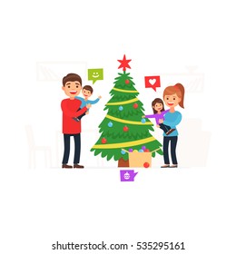 Merry Christmas and New Year. Family decorates the Christmas tree. Vector illustration in cartoon style