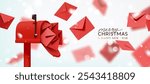 Merry Christmas and New Year festive design with red postal paper letters flying out from open mailbox. New Year