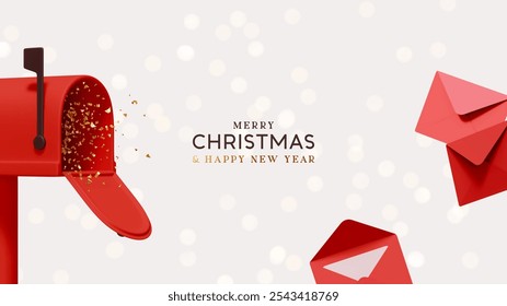 Merry Christmas and New Year festive design with red postal paper letters flying out from open mailbox. New Year's letters to Santa Claus. Light background sparkles bokeh and snow. Vector illustration