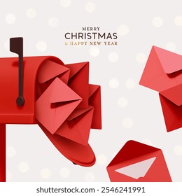 Merry Christmas and New Year festive design with red postal paper letters flying out from open mailbox. New Year's letters to Santa Claus. Light background sparkles bokeh and snow. Vector illustration