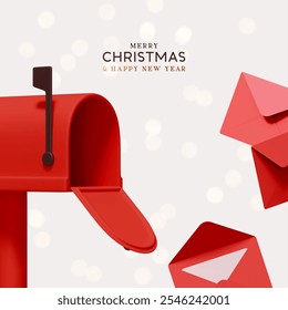 Merry Christmas and New Year festive design with red postal paper letters flying out from open mailbox. New Year's letters to Santa Claus. Light background sparkles bokeh and snow. Vector illustration