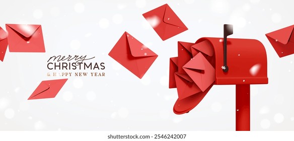 Merry Christmas and New Year festive design with red postal paper letters flying out from open mailbox. New Year's letters to Santa Claus. Light background sparkles bokeh and snow. Vector illustration