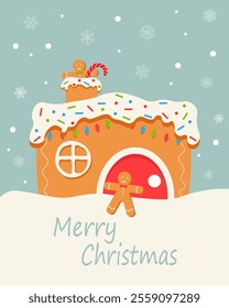 Merry Christmas and New Year festive greeting card with gingerbread house, candy cane, and snowflakes, vector illustration EPS10