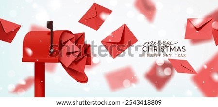 Merry Christmas and New Year festive design with red postal paper letters flying out from open mailbox. New Year's letters to Santa Claus. Light background sparkles bokeh and snow. Vector illustration