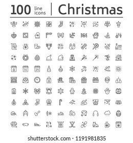 Merry Christmas, new year flat line icons. Gifts, snowflakes, presents, letter to santa claus, decoration, winter sport vector illustrations. Thin signs xmas sale. Pixel perfect 48x48. Editable Stroke