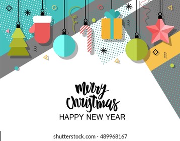 Merry Christmas and New Year flat design greeting card, background, invitation, poster, flyer. Holidays elements - noel, star, ball, candy, gift, mitten.