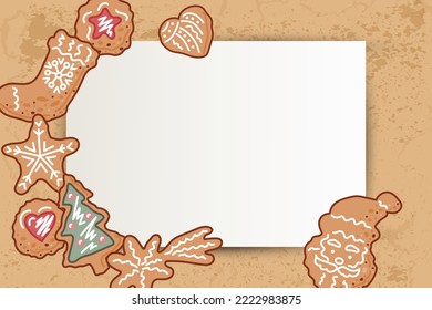 Merry Christmas and New Year frame with gingerbread cookies. Place for text. Vector illustration.