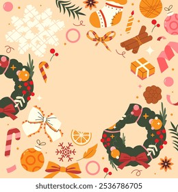 Feliz Navidades y año nuevo enmarcado con corona de Navidades dibujadas a mano, ramas de abeto, calcetín. Fondo estacional de invierno con Elementos acogedores. Ilustración vectorial