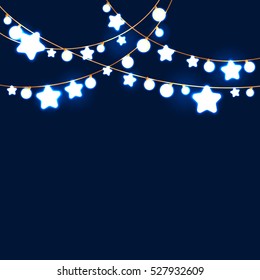 Merry Christmas and New Year Garland Light Design on Blue Background. Holiday lights. Vector illustration.