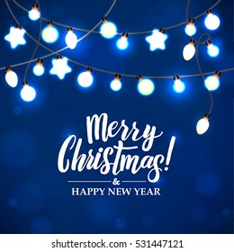 Merry Christmas and New Year Garland Light Design on Blue Background. Holiday lights. Vector illustration.
