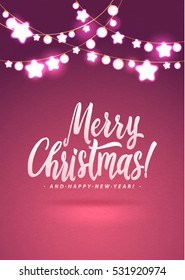 Merry Christmas and New Year Garland Light Design on Pink Red Background. Holiday lights. Vector illustration.