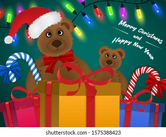 Merry Christmas and new year gift box with garland lights, Teddy Bear. Vector illustration objects isolated on background. For flyer, greeting cards