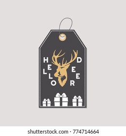 Merry Christmas and New Year gift tag. Holiday card concept with xmas symbols - reindeer. Hello deer sign. Retro colors pallete. Stock Vector illustration isolated on white background.