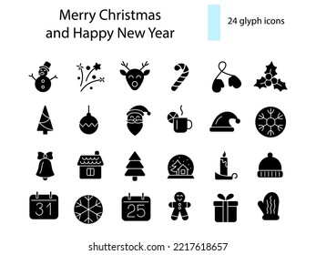 Merry Christmas and New Year glyph icons collection. Holiday gingerbread man. Santa Claus and present. Season winter decoration. Black silhouette symbols set. Isolated vector stock illustration