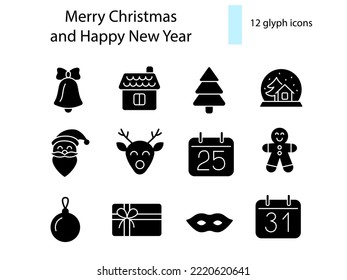 Merry Christmas and New Year glyph icons collection. Gingerbread man, snow globe and bell. Santa Claus and calendar. Season winter decoration. Black silhouette symbols set. Vector stock illustration