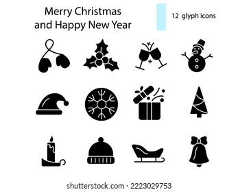 Merry Christmas and New Year glyph icons collection. Mittens, hat and sledge. Snowman, berry and bell. Season winter decoration. Black silhouette symbols set. Vector stock illustration