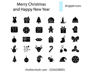 Merry Christmas and New Year glyph icons collection. Gingerbread man, mask and deer. Snowman, ball and gift. Season winter decoration. Black silhouette symbols set. Vector stock illustration