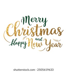 Merry christmas new year gold lettering with glitter. Christmas typographic emblem. For banner, card, package.