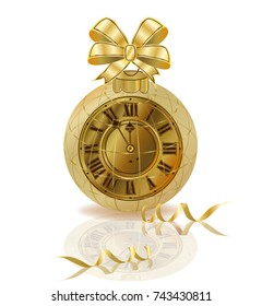 Merry Christmas & New year golden clock isolated,  vector illustration