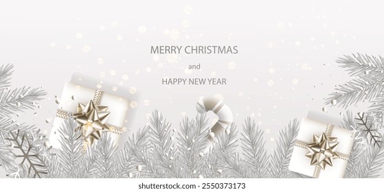Merry Christmas and New Year gray silver banner background with Christmas gift box, candy cane, silver snowflake and branches. Xmas realistic card. Vector greeting Holiday poster.