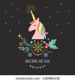 Merry Christmas or New Year greeting card with Unicorn, vector illustration on black background