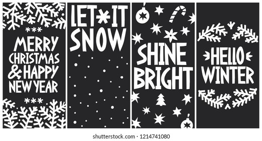 Merry Christmas and New Year greeting card set. Hand drawn black and white festive design like chalk board
