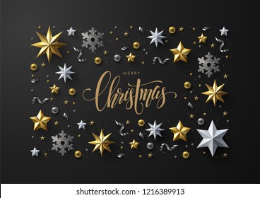 Merry Christmas and New Year greeting card with elegant frame composition made of realistic gold and white stars, silver snowflakes and glitter. 