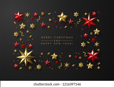 Merry Christmas and New Year greeting card with elegant frame made of realistic gold and red foil stars, snowflakes and glitter.