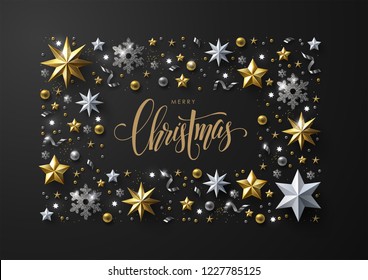 Merry Christmas and New Year greeting card with elegant frame composition made of realistic gold and white stars, silver snowflakes and glitter. 