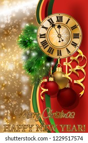 Merry Christmas & New Year greeting card with xmas clock, vector illustration